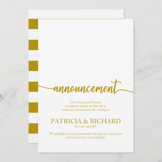 アナウンスが取り消結婚されたエレガント金ゴールドスクリプト 招待状 (正面/裏面)
