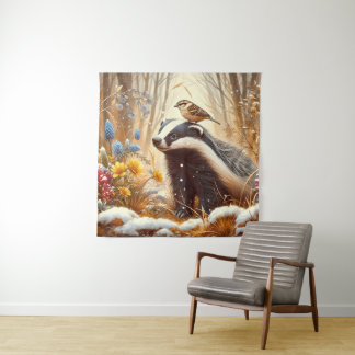 アナグマとスパロウ自然野生動物素朴 タペストリー