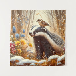 アナグマとスパロウ自然野生動物素朴 タペストリー