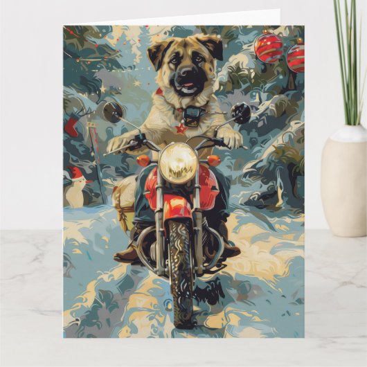 アナトリアンシェパード犬オートバイクリスマスに乗る カード (正面)