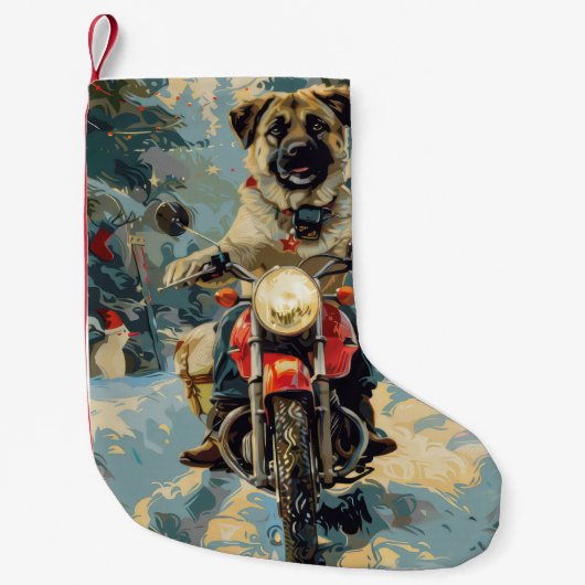 アナトリアンシェパード犬オートバイクリスマスに乗る スモールクリスマスストッキング (正面)