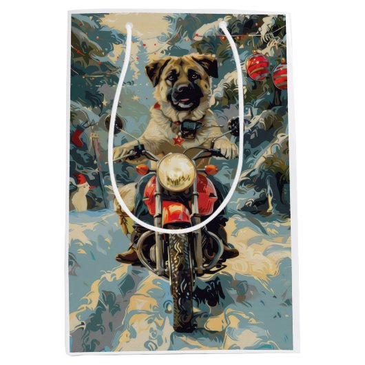 アナトリアンシェパード犬オートバイクリスマスに乗る ミディアムペーパーバッグ (正面)