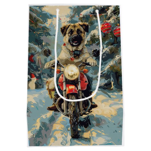 アナトリアンシェパード犬オートバイクリスマスに乗る ミディアムペーパーバッグ (裏面)
