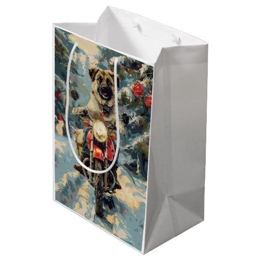 アナトリアンシェパード犬オートバイクリスマスに乗る ミディアムペーパーバッグ (裏面アングル)