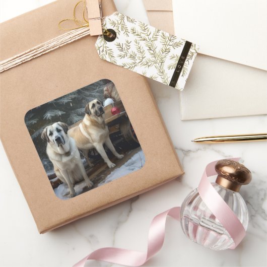 アナトリアンシェパード雪そりのクリスマスデコール スクエアシール (ギフト)