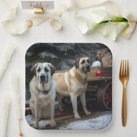 アナトリアンシェパード雪そりのクリスマスデコール ペーパープレート (ウェディング)