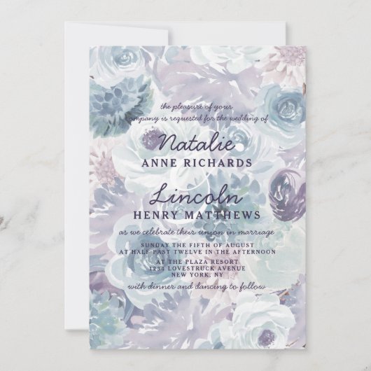 アナベルヴィンテージブルーフローラウォーター結婚カラー 招待状 (正面)