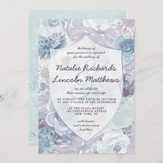 アナベルヴィンテージブルーフローラクレスト結婚ズ 招待状 (正面/裏面)