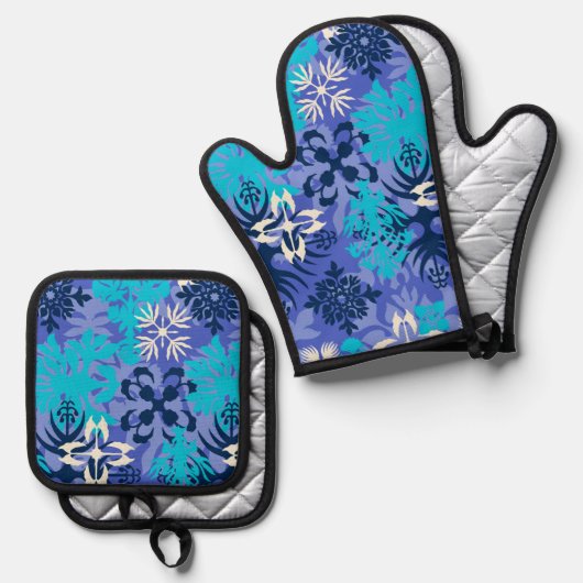 アナホラベイハワイアン抽象芸術フローラパープル 鍋つかみ&鍋敷きセット (正面/裏面)