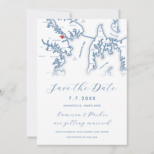 アナポリスメリーランドの地図ネイビーブルー写真 セーブザデート (正面)