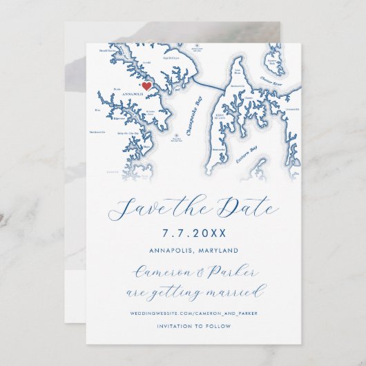 アナポリスメリーランドの地図ネイビーブルー写真 セーブザデート (正面/裏面)