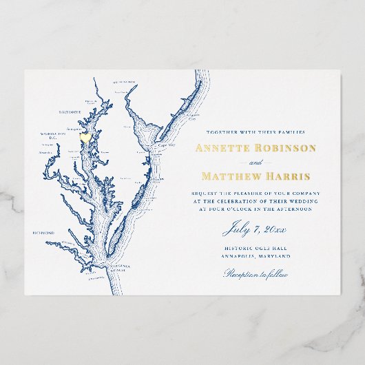 アナポリス結婚メリーランド州の海軍と金ゴールド 箔招待状 (正面)