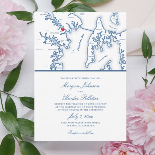 アナポリメリーランドエレガント州の地図結婚ネイビー 招待状