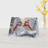 アニバーサリーウィンターバードと赤いハート カード (黄色い花)