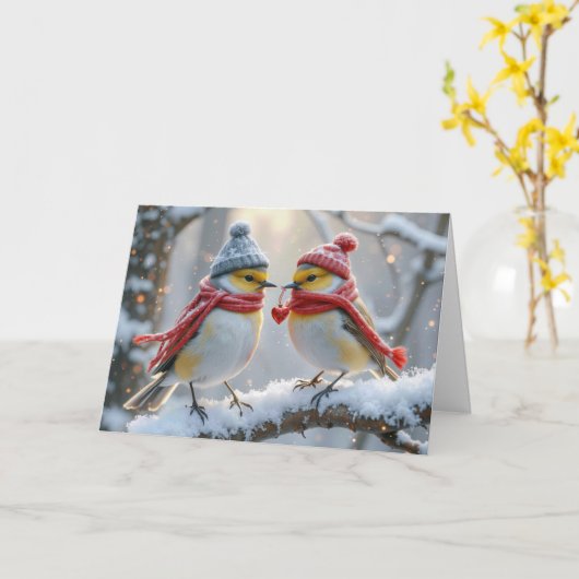 アニバーサリーウィンターバードと赤いハート カード (黄色い花)