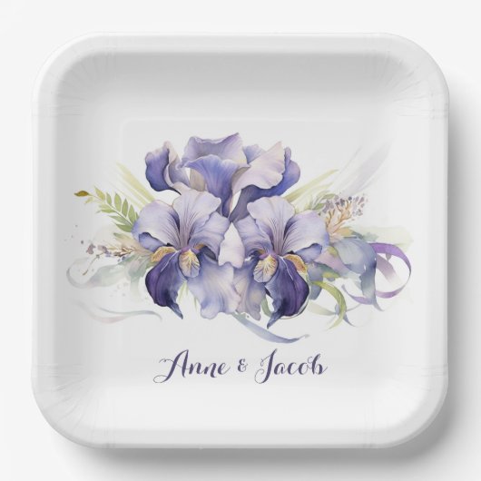 アニバーサリーウォーターカラーパープルアイリスブーケ ペーパープレート (正面)
