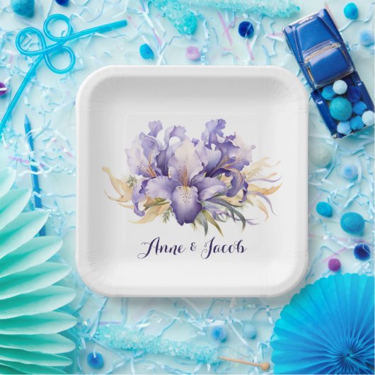 アニバーサリーウォーターカラーパープルアイリスブーケ ペーパープレート (パーティー)