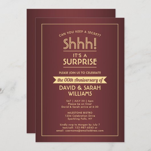 アニバーサリーサプライズパーティーエレガントブルゴーニュ&金ゴールド 招待状 (正面/裏面)