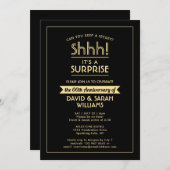 アニバーサリーサプライズパーティースタイリッシュブラックと金ゴールド 招待状 (正面/裏面)