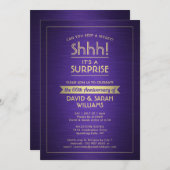 アニバーサリーサプライズパーティーブラシ紫と金ゴールド 招待状 (正面/裏面)