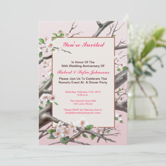 アニバーサリーディナーへの招待 – 淡い色のピンク 招待状 (スタンド正面)