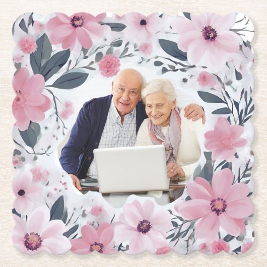 アニバーサリーハッピーカップルピンクフローラ写真 ペーパーコースター (正面)