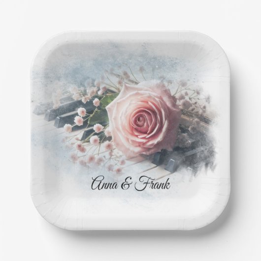 アニバーサリーピンクローズオンピアノ鍵 ペーパープレート (正面)