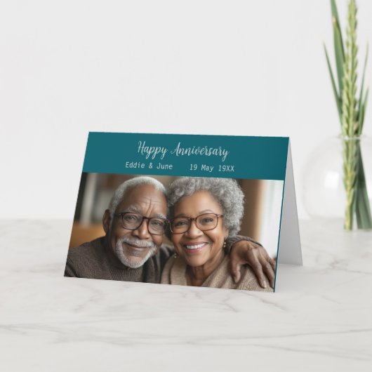 アニバーサリーフォトフォールド記念日カードダークティール（緑がかった色） 招待状 (正面)