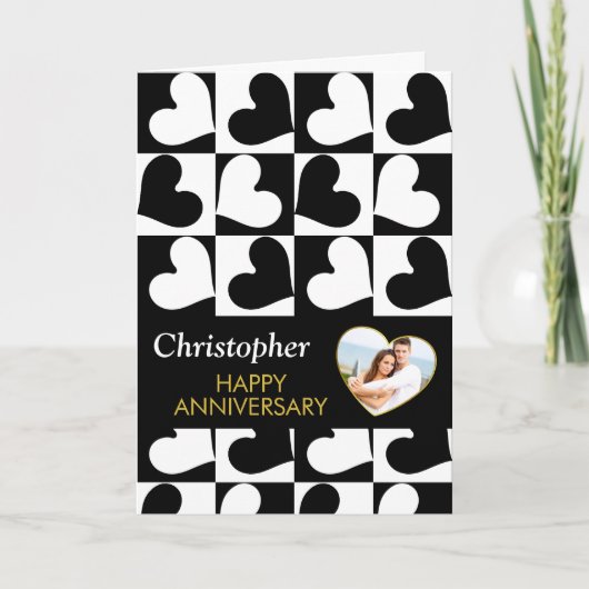 アニバーサリーブラック金ゴールドハート写真テンプレート カード (正面)
