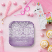 アニバーサリーホワイトレースフリンジオンパープル紙プラット ペーパープレート (パーティー)