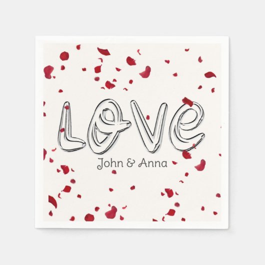 アニバーサリーラブ文字とバラ花びら スタンダードカクテルナプキン (正面)