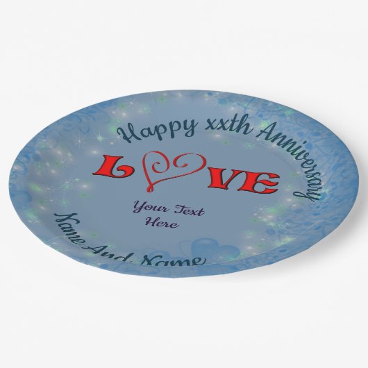 アニバーサリーラブ赤いハート パーソナライズされた ペーパープレート (アングル)