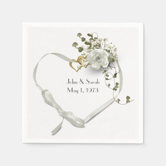 アニバーサリーリボンハートとバラ スタンダードカクテルナプキン (正面)