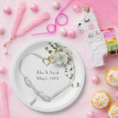 アニバーサリーリボンハートとバラ ペーパープレート (パーティー)