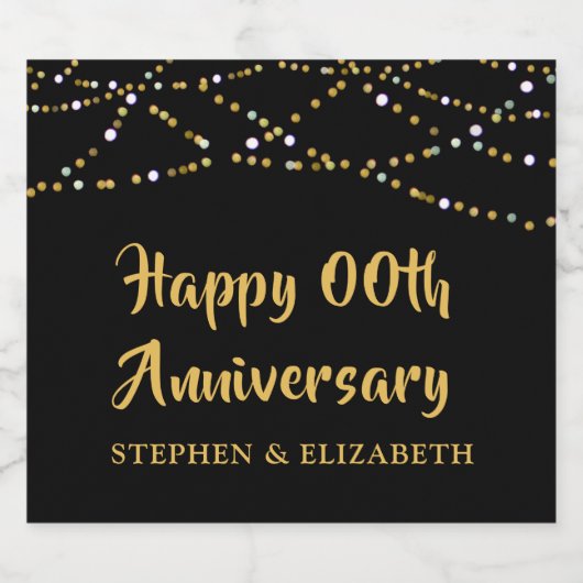 アニバーサリー任意の年の黒い金ゴールド文字列ライト名 スパークリングワインラベル (シングルラベル)