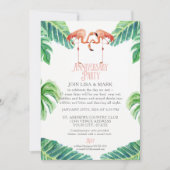 アニバーサリー パーティー ピンク フラミンゴ リーフ ストライプ 招待状 (正面)