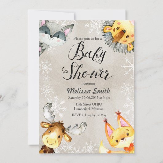 アニマルウィンターウッドランドベビーシャワー招待状 招待状 (正面)