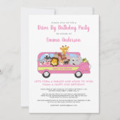 アニマルサファリかわいい女の子の誕生日パーティーでドライブ 招待状 (正面)