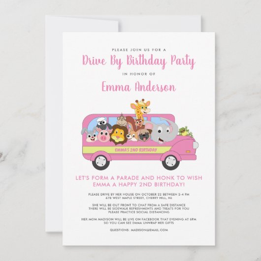 アニマルサファリかわいい女の子の誕生日パーティーでドライブ 招待状 (正面)