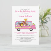 アニマルサファリかわいい女の子の誕生日パーティーでドライブ 招待状 (スタンド正面)