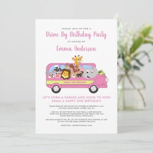 アニマルサファリかわいい女の子の誕生日パーティーでドライブ 招待状 (スタンド正面)