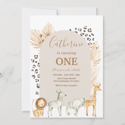 アニマルサファリアーチボホパンパスグラス誕生日 招待状 (正面)