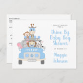 アニマルサファリブルーベビーシャワーで運転する男の子 インビテーションポストカード (正面/裏面)