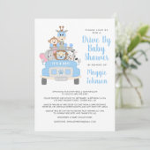 アニマルサファリブルーベビーシャワーで運転する男の子 招待状 (スタンド正面)