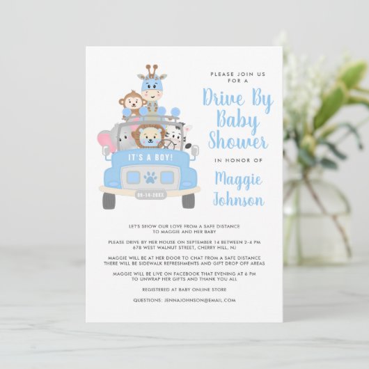 アニマルサファリブルーベビーシャワーで運転する男の子 招待状 (スタンド正面)