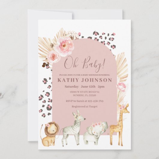 アニマルサファリボホパンパスグラスアーチベイビーシャワー 招待状 (正面)