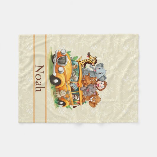 アニマルサファリリトルボーイの名前ソフトベージュ フリースブランケット (正面(横))