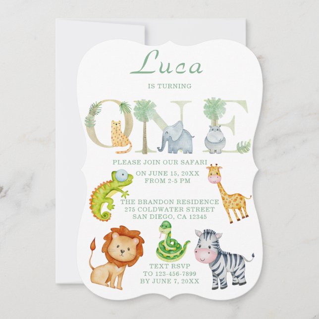 アニマルサファリ1年の古い誕生日フラットカード (正面)