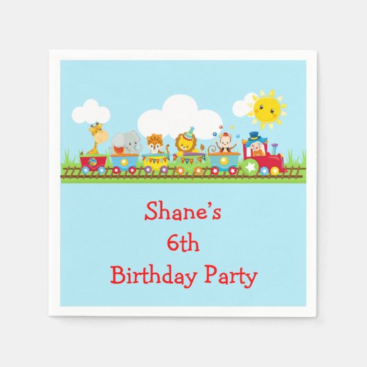 アニマルサーカストレイン子供の誕生日イン赤 スタンダードカクテルナプキン (正面)