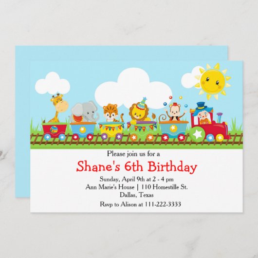 アニマルサーカストレイン子供の誕生日イン赤 招待状 (正面/裏面)